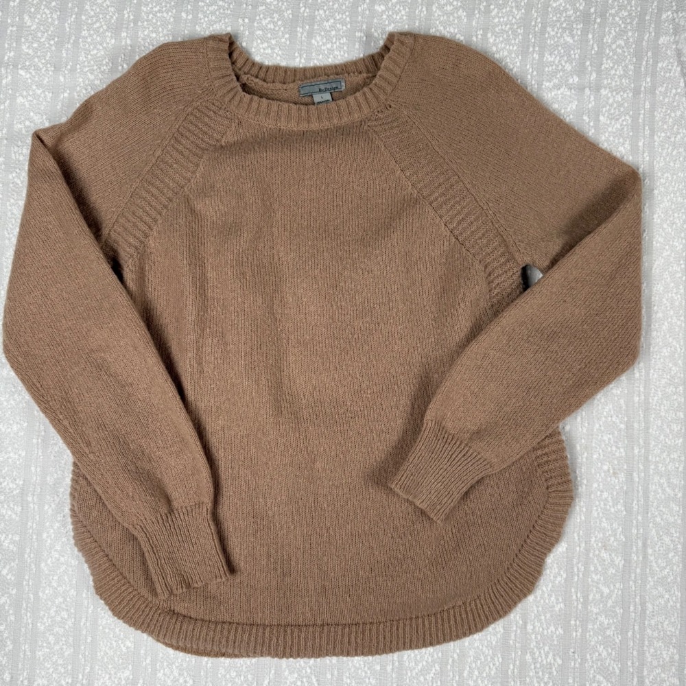 By Design Womens Minimalist Tan‎ Knit Sweater Size L Quiet Luxury Professor Cozy